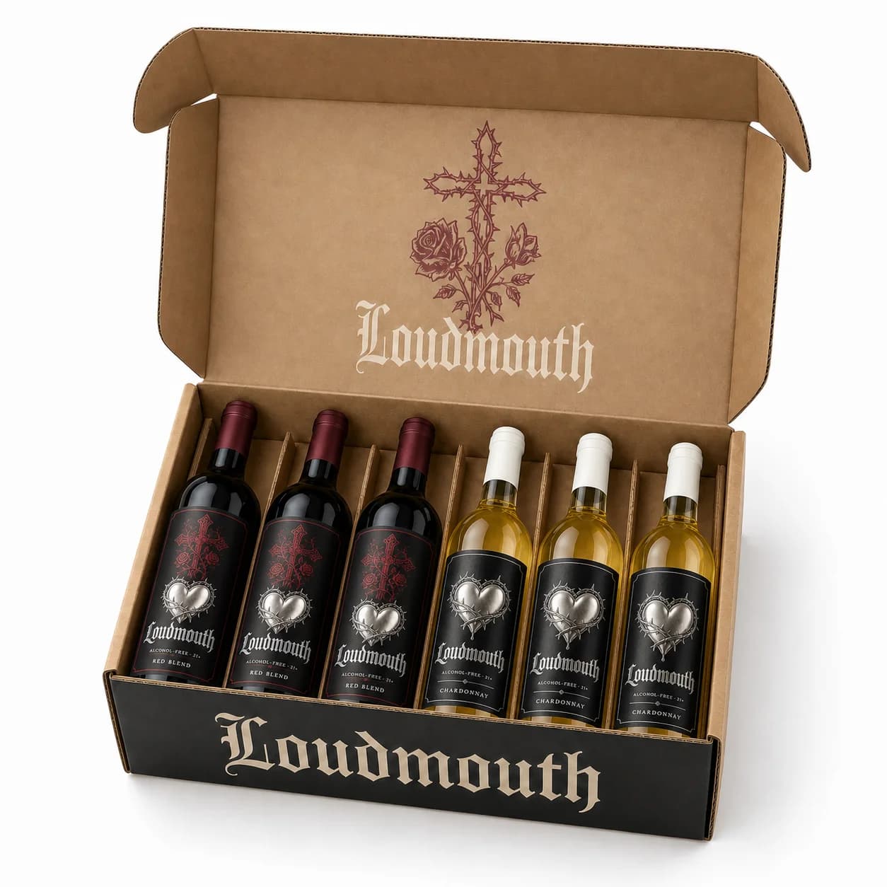 The kraft Loudmouth case packed with Red Blend and Chardonnay bottles