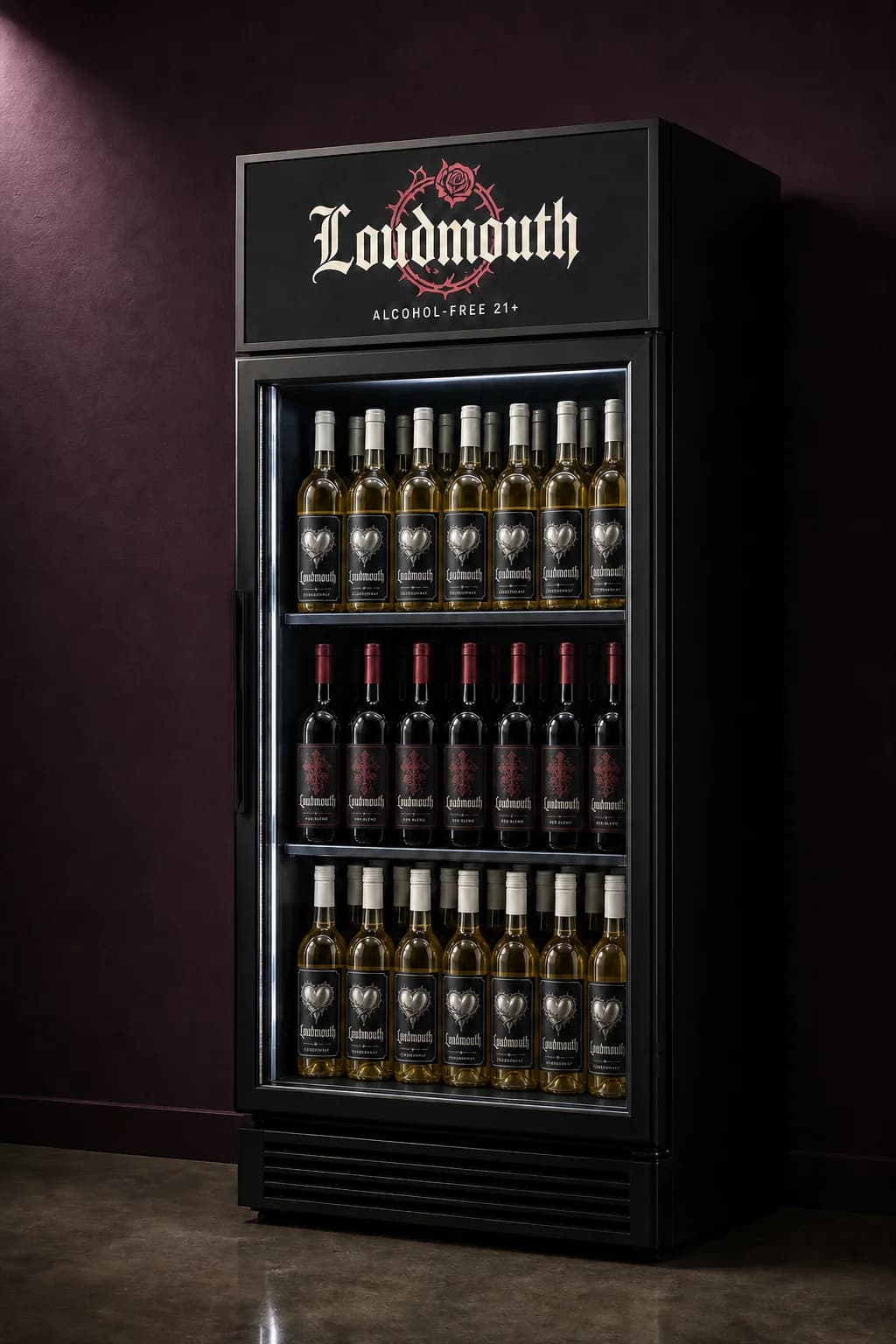 The black LOUDMOUTH merchandiser fridge, glass door stocked with Red Blend and Chardonnay bottles